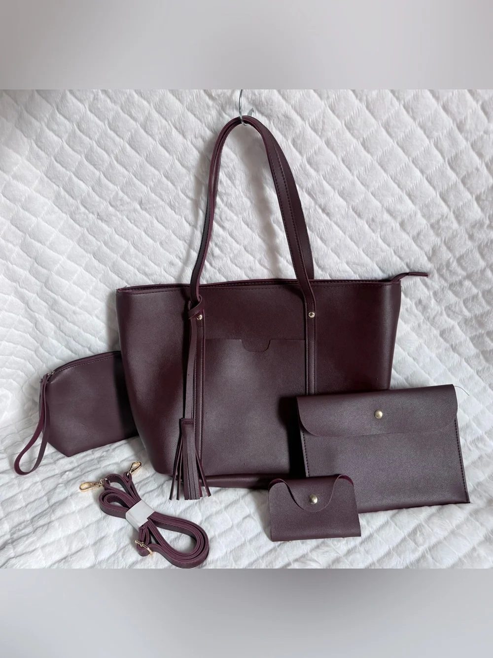 Women's Burgundy Fall Tote Bag Set with Pouches and accessories NWOT PU Leather